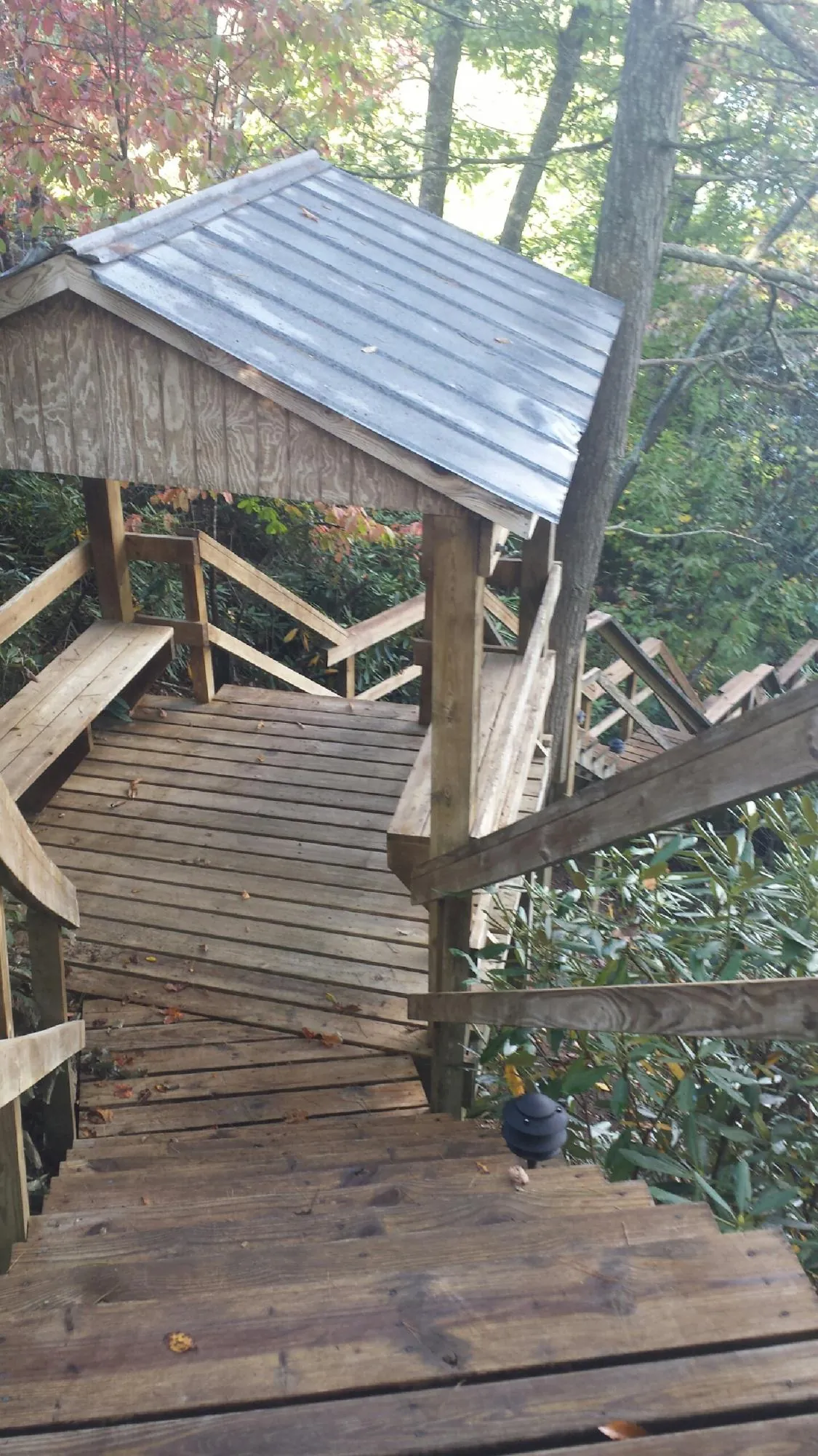 Metal roofed shelter over wooden steps on a wooded walkway — Skylight Repair & Installation work by our crew in Aberdeen